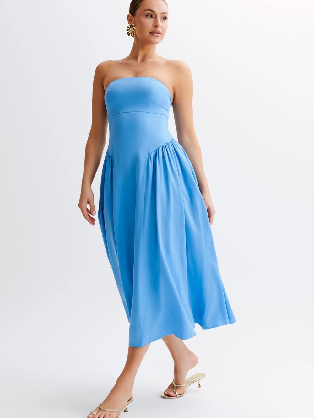 Meshki Strapless Blue Drop Waist Midi Carmele Dress